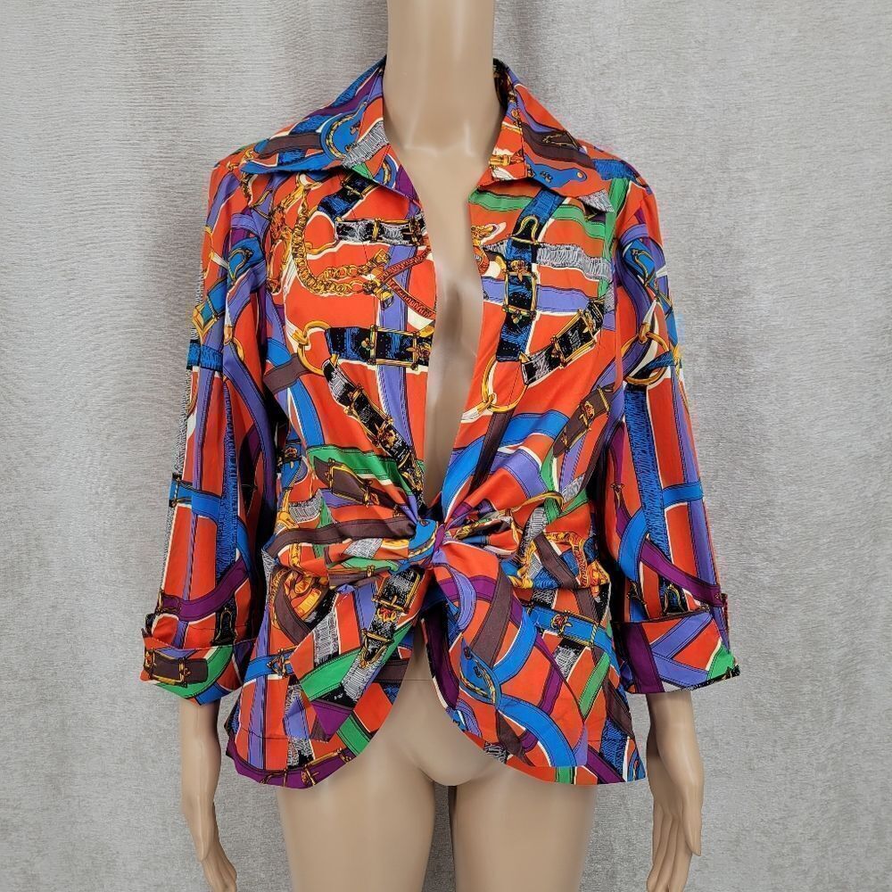 Mishca Vintage 90s Avant Garde Equestrian Plunging Neckline Tie Front Blouse